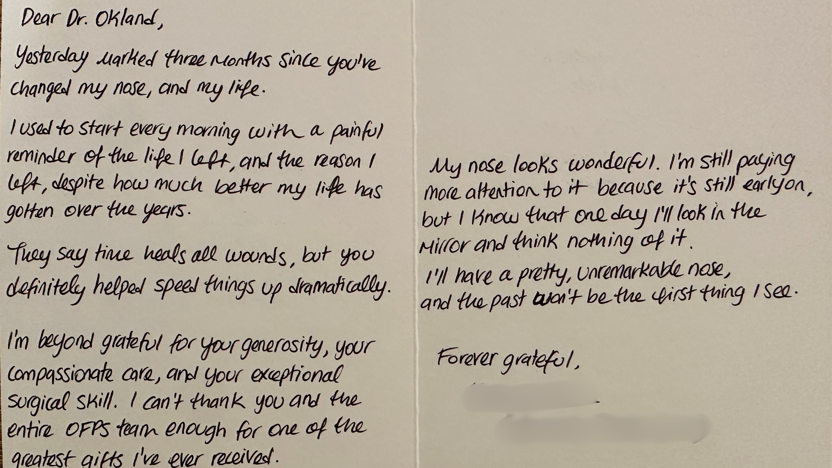 Anonymous handwritten thank-you note from an Operation Breathe rhinoplasty patient three months after surgery