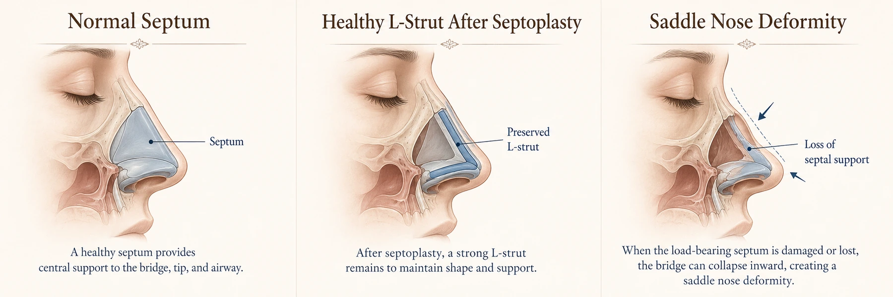 Medical diagram comparing a normal septum, healthy L-strut support and a saddle-nose deformity